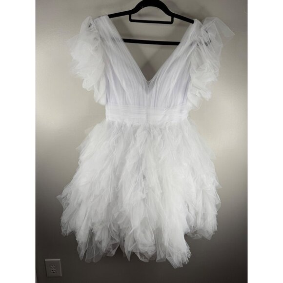 NWT Mac Duggal 20505 Tulle Tiered Ruffle White Mini Dress Size 0 PARTY - Picture 4 of 6